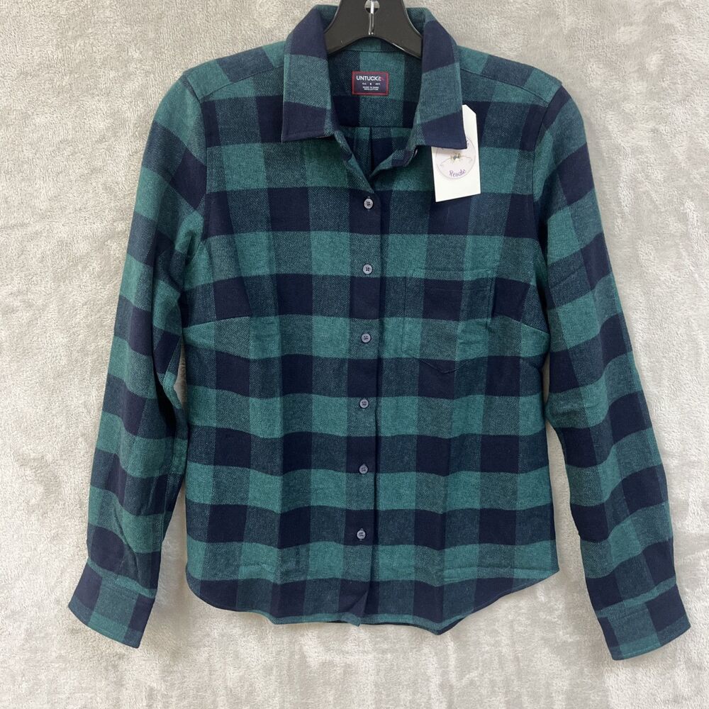 Untuckit Flannel Shirt Women’s 4 S‎ Blue & Green Plaid Top Button Up Cotton New